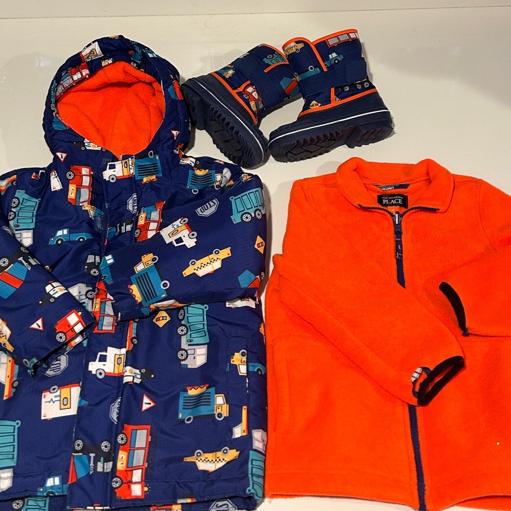 4T Boy Winter Coat 3-in-1 Blue Orange Vehicles Trucks Snow Jacket and Snowboots